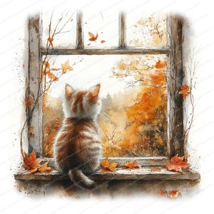14 Gattino alla finestra Clipart / Clipart autunnale / Clipart acquerello stampabile / JPG di alta qualità / Download digitale / Carta artigianale, diario spazzatura