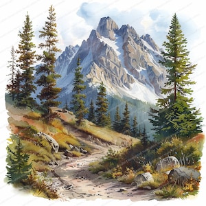 Puede incluir: Una pintura de acuarela de una cordillera con picos cubiertos de nieve y un camino de tierra sinuoso que conduce a través de un bosque de pinos.