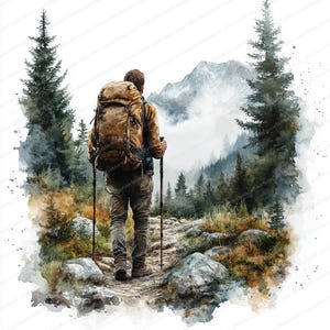 May include: Watercolor painting of a hiker with a large backpack and trekking poles, walking on a rocky path through a forest. The hiker is facing away from the viewer, with a mountain range in the background. The color palette includes browns, greens, and grays.