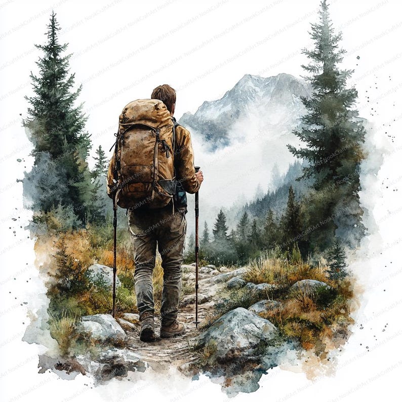 May include: Watercolor painting of a hiker with a large backpack and trekking poles, walking on a rocky path through a forest. The hiker is facing away from the viewer, with a mountain range in the background. The color palette includes browns, greens, and grays.