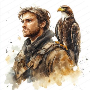 18 Clipart d'épaule d'aigle | Homme majestueux avec aigle | Clipart aquarelle imprimable | JPG de haute qualité | Créations artisanales en papier | Journal indésirable