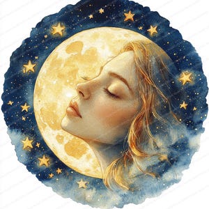 May include: Watercolor illustration of a woman's face in profile, with closed eyes, set against a full moon and starry night sky. The woman has flowing blonde hair and a serene expression. The artwork features a soft color palette of yellow, blue, and peach.