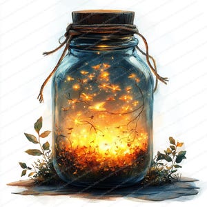 21 imágenes prediseñadas de tarro de luciérnagas / Ilustraciones encantadoras de luz nocturna / Imágenes prediseñadas de acuarela imprimibles / JPG de alta calidad / Manualidades de papel / Diario