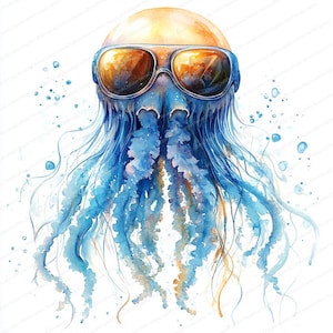 20 Quallen in Designer-Sonnenbrillen Clipart | Künstlerische Aquatic Fashion Illustrationen | Druckbare Aquarell Clipart | Hochwertige JPGs