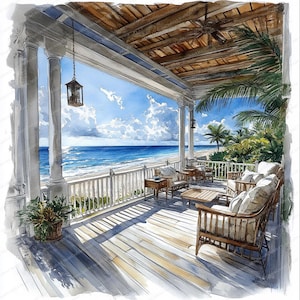 18 Veranda con vista sull'oceano Clipart / Scena di veranda costiera / Clipart acquerello stampabile / JPG di alta qualità / Carta artigianale / Diario di scarto