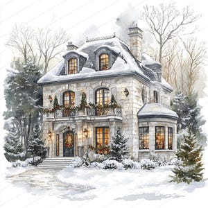 18 Elegant Houses in Winter Clipart | Watercolor Winter Clipart | High Quality JPGs | Digital Download | Paper Craft | Junk Journal