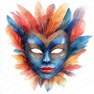 Collection de 20 cliparts masques de carnaval | Graphismes artistiques pour costumes de fête| Clipart aquarelle imprimable | JPG de haute qualité | Créations en papier