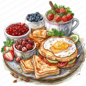 16 Brunch Frühstück Clipart-Bundle | Druckbare Aquarell Clipart | Hochwertige JPGs | Digitaler Download | Papiermodell | Junk Journals