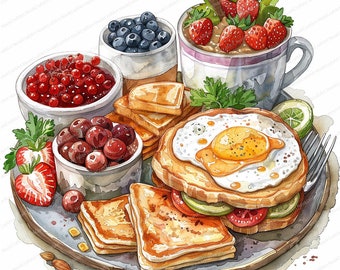 16 Brunch Breakfast Clipart Bundle | Printable Watercolor clipart | High Quality JPGs | Digital download | Paper craft | junk journals
