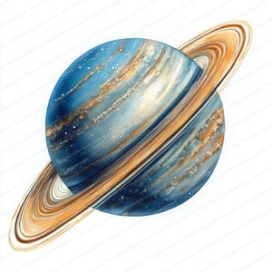 May include: Watercolor painting of a planet with rings. The planet is primarily blue with streaks of gold and white. The rings are a mix of gold and brown, set against a white background. The artwork is a celestial theme.