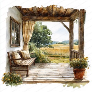 19 Clipart veranda di campagna / Illustrazione vista panoramica prato / Clipart acquerello stampabile / JPG di alta qualità / Carta artigianale / Diario spazzatura