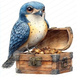 20 clipart de pássaros de baú de tesouro | Arte de baú incrustada de joias | Clipart de aquarela para impressão | JPGs de alta qualidade | Artesanato em papel | Diário de sucata