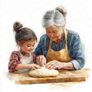 22 Avó e Neta Cozinhando Clipart | Arte de Cozinha de Família para Imprimir | Clipart de Aquarela para Imprimir | JPGs de Alta Qualidade | diário