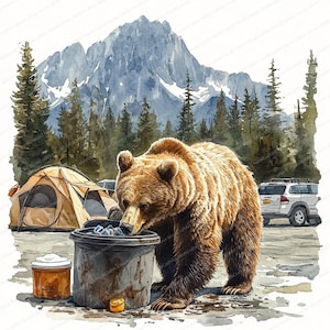 22 Clipart beer in de buurt van afvalcontainer | Scene parkeerplaats met wilde dieren | Afdrukbare aquarel clipart | Hoge kwaliteit JPG's | Papierkunst | Junkjournaal