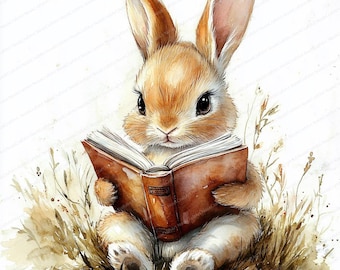 17 Bunny Reading Book Clipart | Cute Bunny Clipart | Printable Watercolor clipart | High Quality JPGs | Digital download | Junk journal