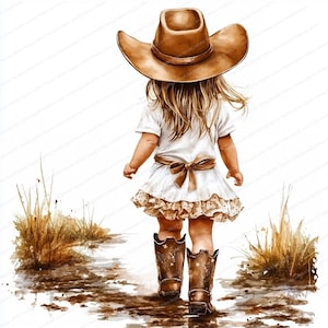 16 Niña con sombrero de vaquero y botas de vaquero Clipart / Clipart de niña del oeste / Clipart de acuarela imprimible / JPG de alta calidad / Manualidades