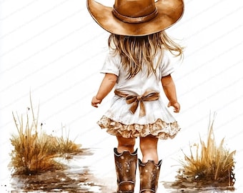 16 Little Girl with Cowboy Hat in Cowboy Boots Clipart | Western Girl Clipart | Printable Watercolor Clipart | High Quality JPGs | Craft