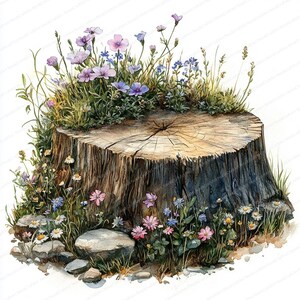 20 fleurs miniatures sur souche Clipart | Art des bois enchanteur | Clipart aquarelle imprimable | JPG de haute qualité | Créations artisanales en papier | revue