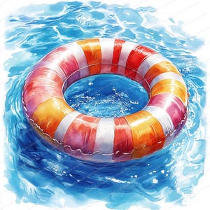 May include: A colorful striped inflatable ring floating in a blue pool of water. The ring is red, orange, and white.