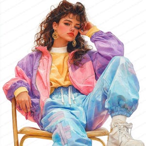 May include: Watercolor illustration of a person in 80s-inspired fashion. The outfit includes a purple and pink jacket, yellow shirt, and blue track pants. Gold earrings and white sneakers complete the look. The person is seated on a wooden chair.