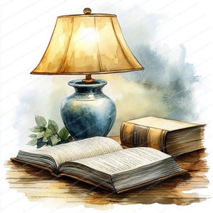 20 Clipart di lampade da lettura accoglienti / Arte digitale di libri e lampade / Clipart di acquerelli stampabili / JPG di alta qualità / Lavoretti di carta / Diario di scarto