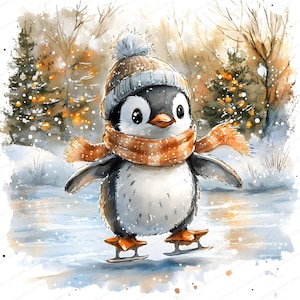 21 Penguin Ice Skating Clipart | Cute Winter Sports Illustration | Printable Watercolor clipart | High Quality JPGs | Paper craft | journal