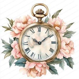 Pode incluir: Um relógio de bolso vintage de ouro com algarismos romanos e um delicado design floral. O relógio é rodeado por peônias cor-de-rosa e folhas verdes.