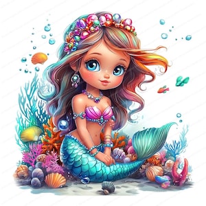 16 Clipart de sirène mignonne magique | Sirène mignonne | Clipart aquarelle imprimable | JPG de haute qualité | Téléchargement numérique | Créations en papier
