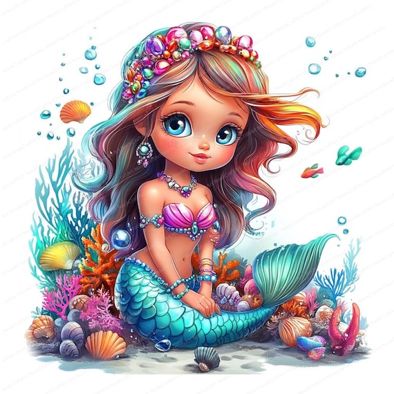 16 Magical Cute Mermaid Clipart | Cute Mermaid | Printable Watercolor clipart | High Quality JPGs | Digital download | Paper craft