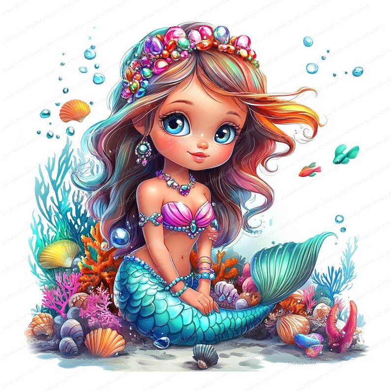 May include: A cartoon mermaid with long brown hair, wearing a pink seashell bra and a crown of colorful jewels, sits on a bed of coral and seashells. Her tail is turquoise and she has a sweet expression on her face.