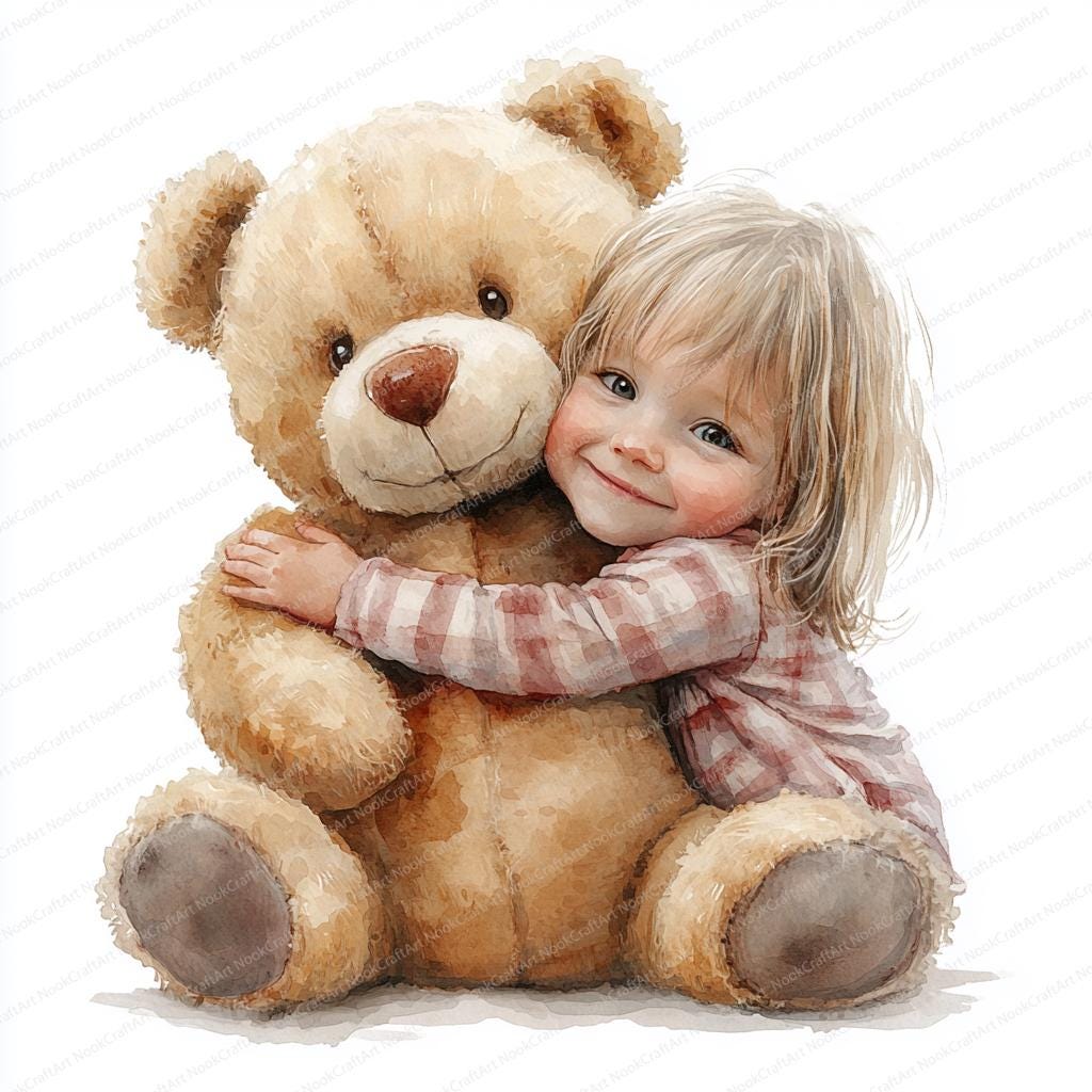 18 テディベアを抱きしめる子供のイラスト | 愛らしい子供とぬいぐるみ