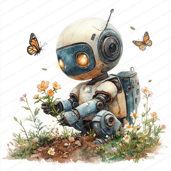ロボットの風景画 大きめ　水彩画　インテリア　アート 22 庭植えロボット クリップアート | 花のガーデニング ロボット