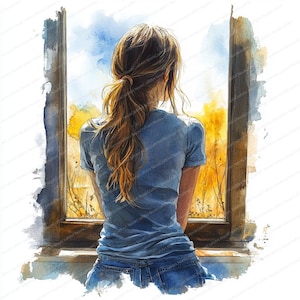 16 Clipart de fenêtre fille solitaire | Illustration de solitude de rêve | Clipart aquarelle imprimable | JPG de haute qualité | Créations en papier | Journal indésirable