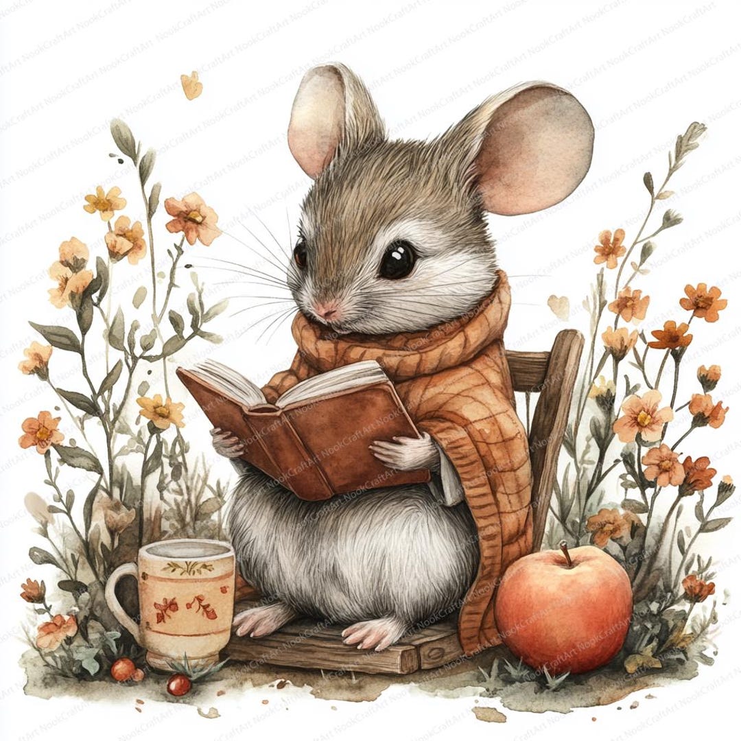 Mouse Reading Colouring 23 Mouse Reading Book Clipart | Enchanted Garden Scene Illustration ...