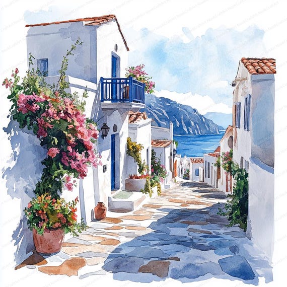 ギリシャの島の白い家のクリップアート20選 | 牧歌的な海岸風景の