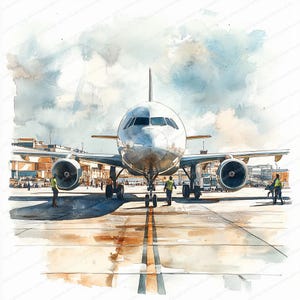 21 Clipart de aeroporto de avião | Design gráfico de jato de passageiros | Clipart de aquarela para impressão | JPGs de alta qualidade | Artesanato em papel | Diário de lixo