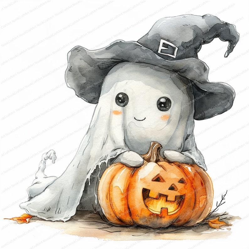 Peut inclure: Illustration &agrave; l'aquarelle d'un fant&ocirc;me amical portant un chapeau de sorci&egrave;re, tenant une citrouille orange sculpt&eacute;e. Le fant&ocirc;me est drap&eacute; dans un drap blanc, avec des joues roses et de grands yeux noirs. La citrouille a un visage souriant, avec des feuilles d'automne.