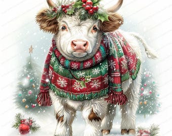 Puede incluir: Una vaca blanca con manchas marrones lleva un suéter de punto rojo, verde y blanco con copos de nieve y una corona de acebo en la cabeza. La vaca está de pie en la nieve con un árbol de Navidad en el fondo.