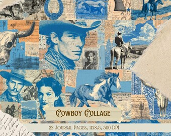Cowboy Collage Junk Journal Kit | Vintage Western Printable Paper | Wild West Scrapbook Sheets | Rustic Ephemera Pages