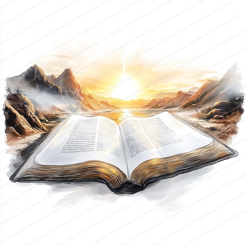 May include: An open book with aged pages sits on a beach with a mountain range and a sunrise in the background.