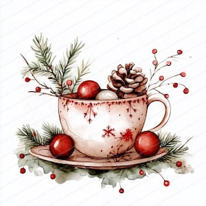 18 Clipart di tazze da tè natalizie festive / Tazze da tè accoglienti per le feste / Clipart acquerello stampabile / JPG di alta qualità / Artigianato di carta / diario