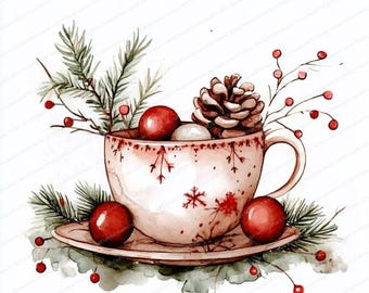 18 Festive Christmas Tea Cups Clipart | Cozy Holiday Tea Cups | Printable Watercolor clipart | High Quality JPGs | Paper craft | journal