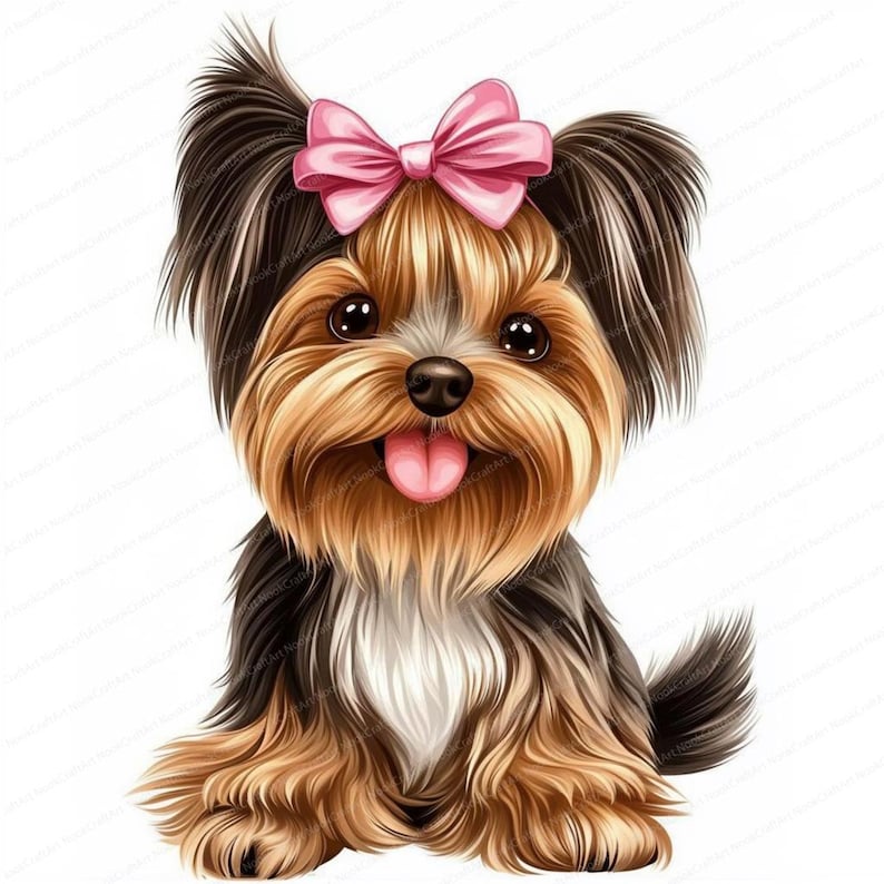 Pode incluir: Um c&atilde;o Yorkshire Terrier marrom e preto com um la&ccedil;o rosa no cabelo. O c&atilde;o est&aacute; sentado com a l&iacute;ngua de fora e olhando para a c&acirc;mera.