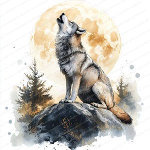 17 Clipart di lupo che ulula alla luna / Arte mistica della fauna selvatica notturna / Clipart di acquerelli stampabili / JPG di alta qualità / Lavoretti di carta / Diario