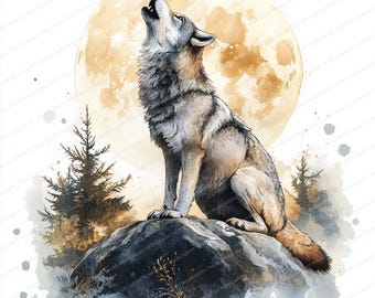 17 imágenes prediseñadas de lobo aullando a la luna / Arte de vida salvaje nocturna mística / Imágenes prediseñadas de acuarela imprimibles / JPG de alta calidad / Manualidades de papel / Diario