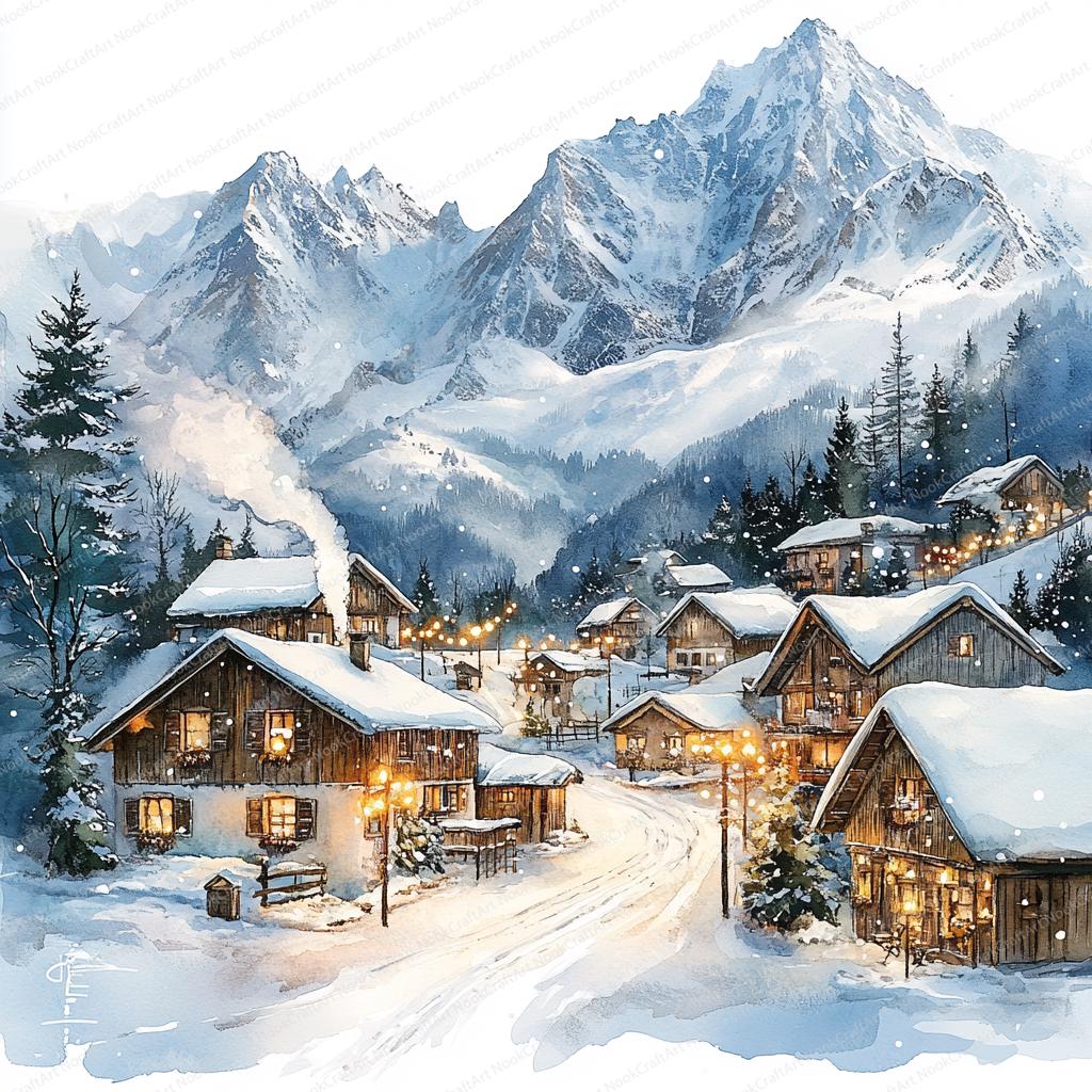 17 Snowy Mountain Village Clipart | Cozy Chalet Winter Scene