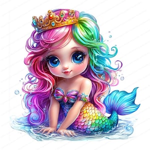 May include: A colorful mermaid with a rainbow tail and a gold crown. Her hair is pink and green, and she has large blue eyes. She is sitting in the water with bubbles around her.