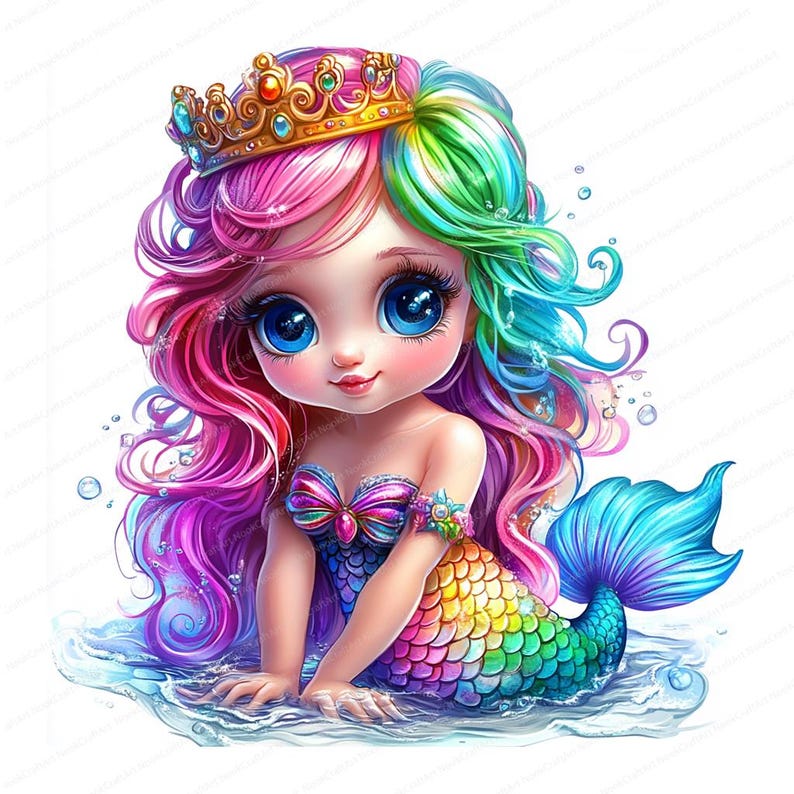 May include: A colorful mermaid with a rainbow tail and a gold crown. Her hair is pink and green, and she has large blue eyes. She is sitting in the water with bubbles around her.
