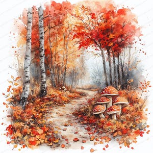 19 imágenes prediseñadas de setas otoñales del bosque / Ilustración de hojas caídas y naturaleza / Imágenes prediseñadas de acuarela imprimibles / JPG de alta calidad / Manualidades de papel
