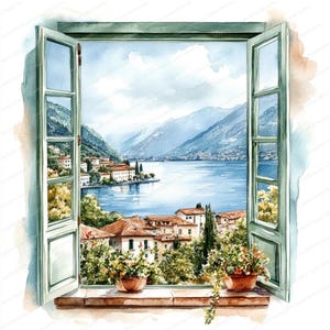 16 Windows-afbeeldingen met uitzicht op het meer | Schilderachtig uitzicht op het water | Afdrukbare aquarel clipart | Hoge kwaliteit JPG's | Digitale download | Papiermodellen